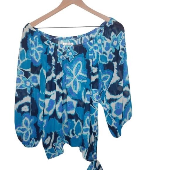 Kokoon Blouse Womens Large Floral Blue Tie-Hem Off-Shoulder Pullover - Picture 2 of 9